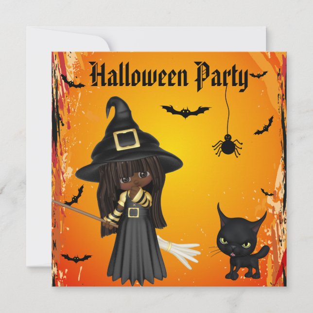 Cute African American Witch & Cat Halloween Party Invitation (Front)