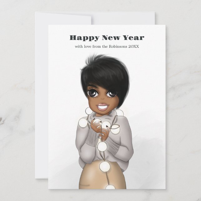 Cute African American Woman Christmas Lights Holiday Card (Front)