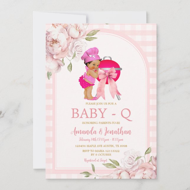 Cute African Girl BBQ Pink Gingham Baby Shower Invitation (Front)