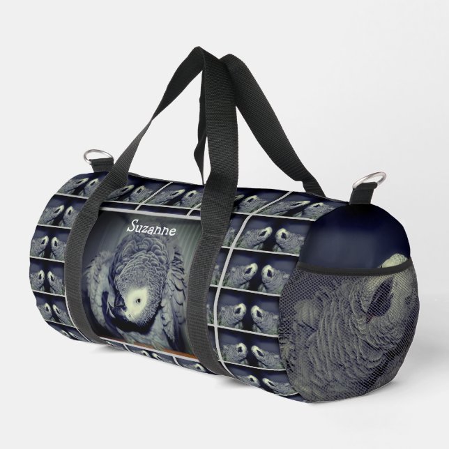 Cute African Grey Parrot Personalised Duffle Bag (Right Corner)