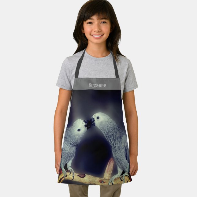 Cute African Grey Parrots Kissing Personalised Apron (Insitu)
