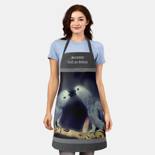 Cute African Grey Parrots Kissing Personalised Apron (Worn)