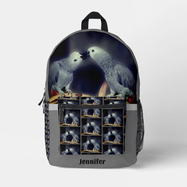 Cute African Grey Parrots Kissing Personalised Printed Backpack (Front)