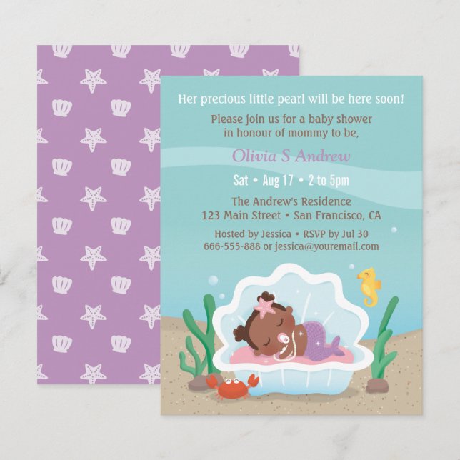 Cute African Mermaid Baby Shower Invitations (Front/Back)