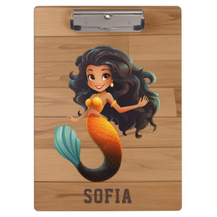 Cute African Mermaid Girl - Custom Name Afro Kids Clipboard