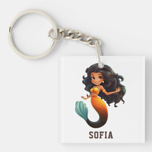 Cute African Mermaid Girl - Custom Name Afro Kids Key Ring (Front)