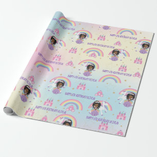 Cute African Princess and Unicorn Rainbow Birthday Wrapping Paper