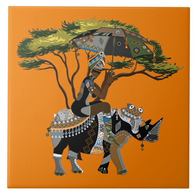 Cute African Tribal lady rhino decor Tile (Front)
