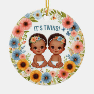 Cute African Twin Boys Baby Shower Watercolor Ceramic Tree Decoration