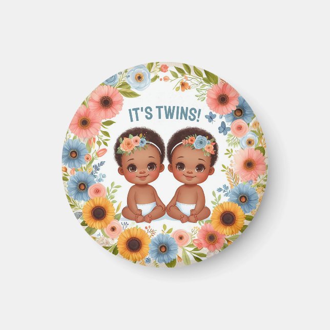 Cute African Twin Boys Baby Shower Watercolor Magnet (Front)