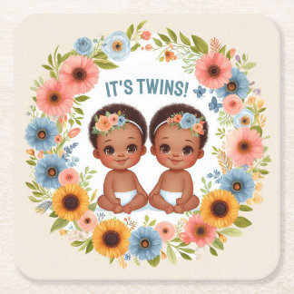 Cute African Twin Boys Baby Shower Watercolor Square Paper Coaster