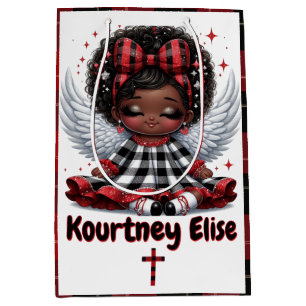 Cute Afro Angel Little Girl Red & Black Christmas Medium Gift Bag