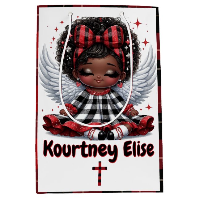 Cute Afro Angel Little Girl Red & Black Christmas Medium Gift Bag (Front)