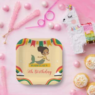Cute afro mermaid African american girls Birthday Paper Plate