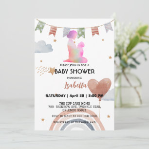 Cute afro MOM rainbow star balloon baby shower Invitation