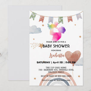 Cute afro MOM rainbow star balloon baby shower Invitation