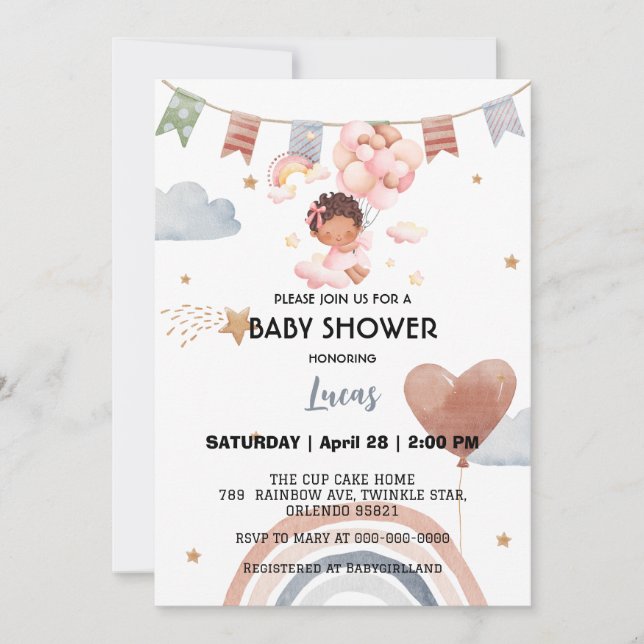 Cute afro rainbow star balloon baby shower party invitation (Front)