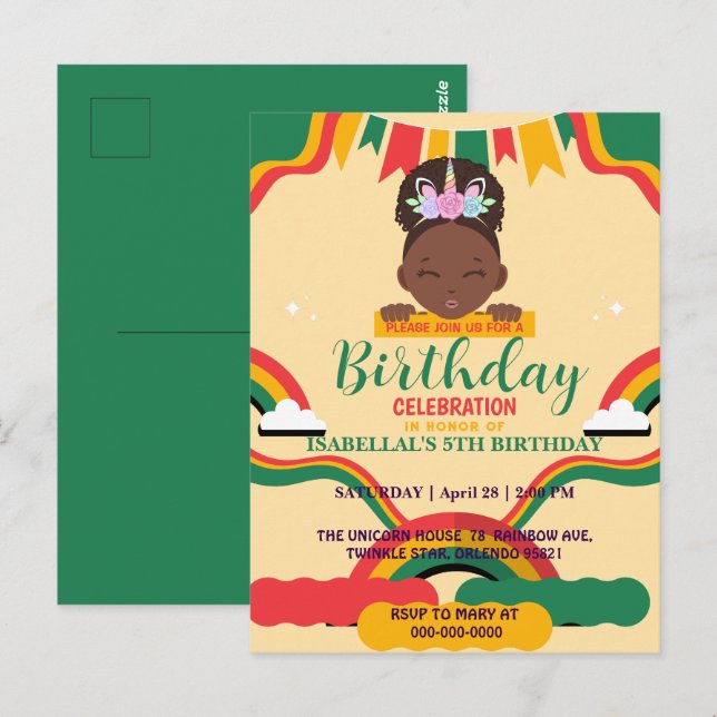 Cute afro unicorn African american girls Birthday  Postcard (Front/Back)