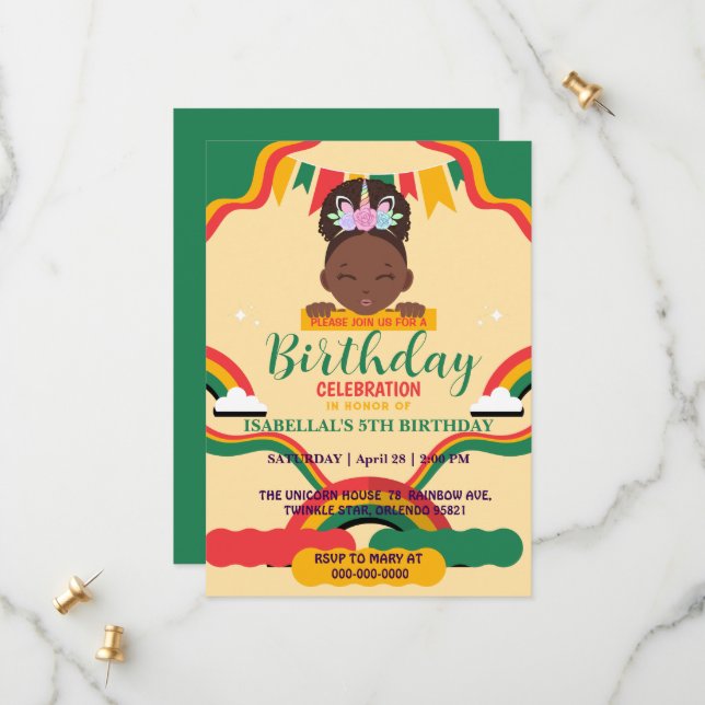Cute afro unicorn African american girls Birthday  Save The Date (Front/Back In Situ)