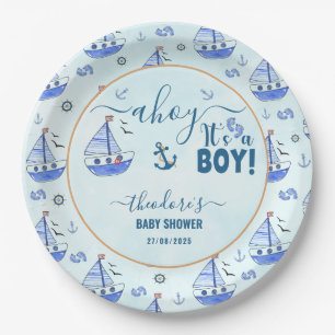 Cute Ahoy It's a Boy Sailboat Nautical Baby Shower Paper Plate