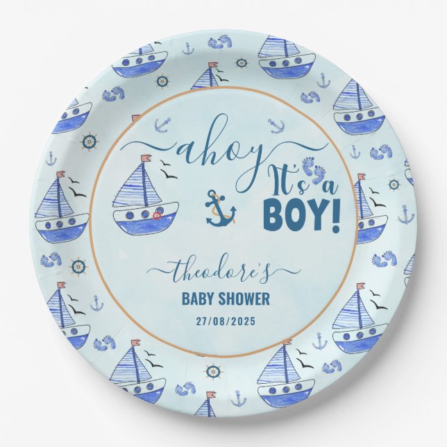 Cute Ahoy It's a Boy Sailboat Nautical Baby Shower Paper Plate (Front)