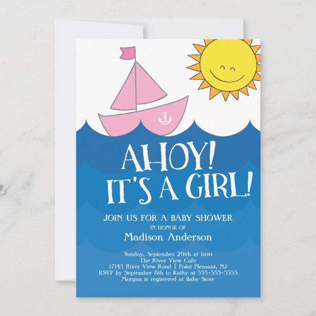 Cute Ahoy It's A Girl Nautical Invitation (Front)