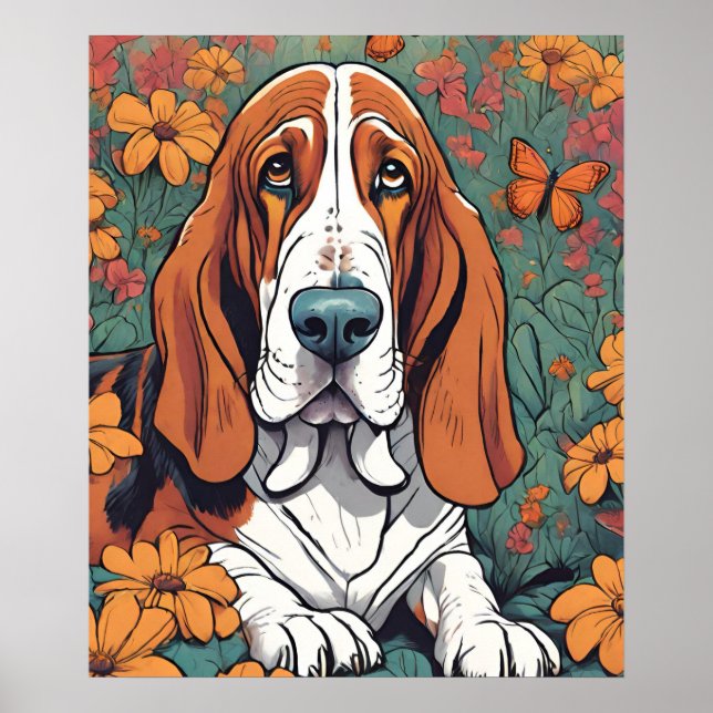 Cute Ai Basset Hound and Butterfly in Flowers Poster (Front)