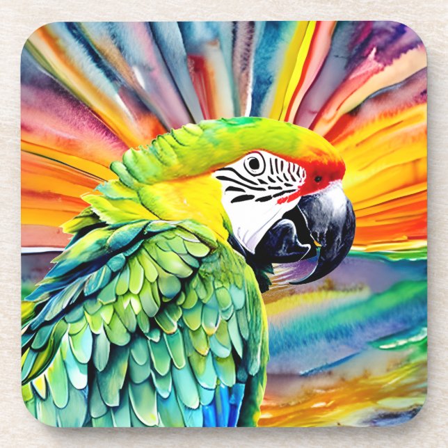 Cute AI Generated Watercolor Style Green Parrot Coaster (Front)