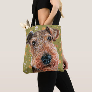Cute Airedale Terrier and Green Flower Pattern Tote Bag