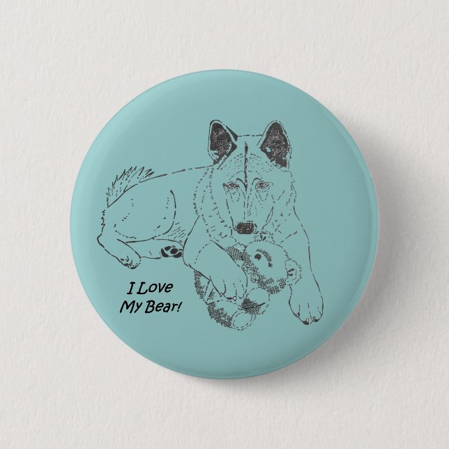Cute akita dog and teddy bear drawing original art 6 cm round badge (Front)