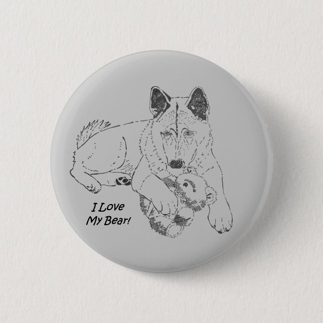 Cute akita dog and teddy bear drawing original art 6 cm round badge (Front)