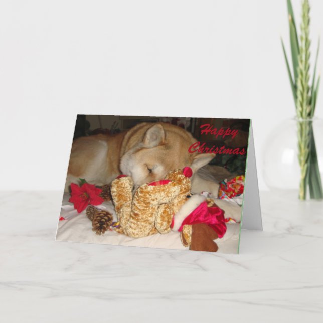 Cute akita dog asleep cuddling teddy for christmas holiday card (Front)