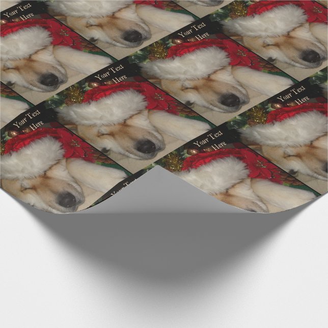 Cute akita dog asleep santa hat tinsel christmas wrapping paper (Corner)