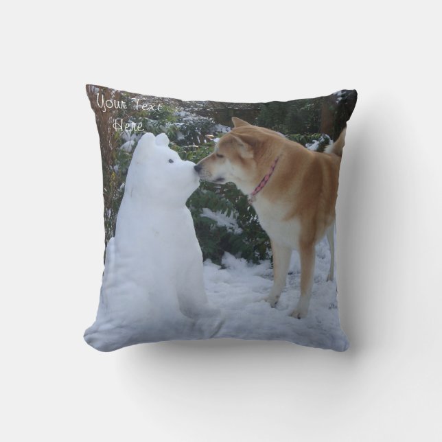 cute akita dog kissing snowdog cushion (Front)