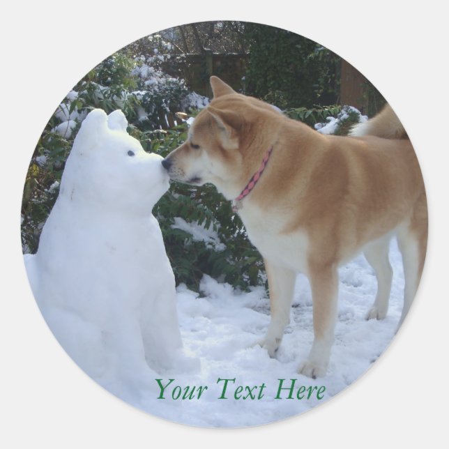 cute akita dog kissing snowman dog classic round sticker (Front)