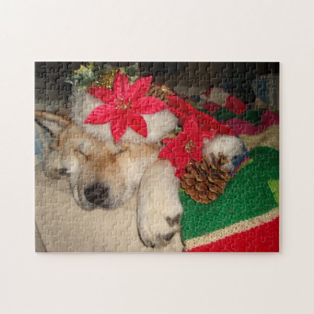 Cute akita dog santa hat cone decoration christmas jigsaw puzzle (Horizontal)