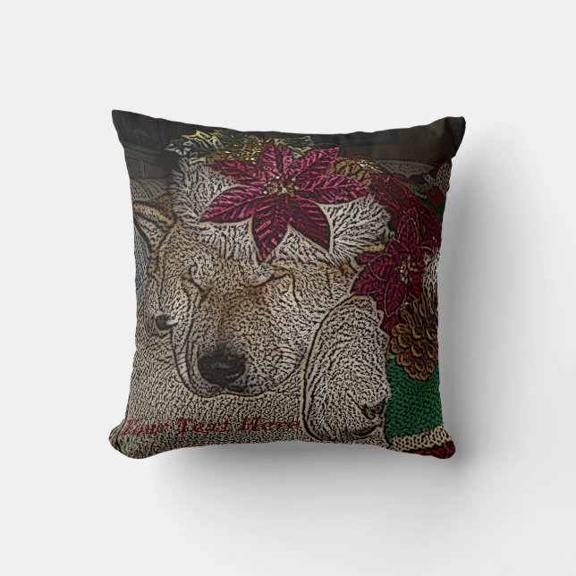 Cute akita dog with santa hat asleep at christmas cushion (Front)