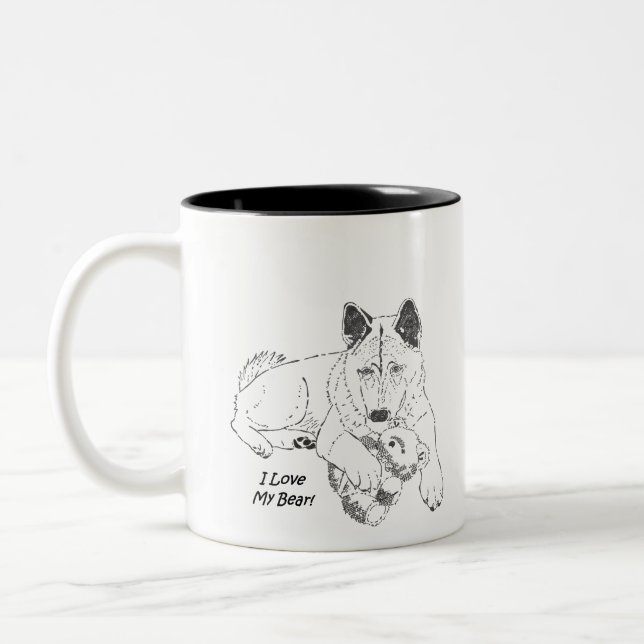 Cute akita drawing with teddy bear dog Two-Tone coffee mug (Left)