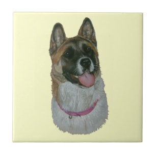 cute akita in pink collor realist dog portrait art tile