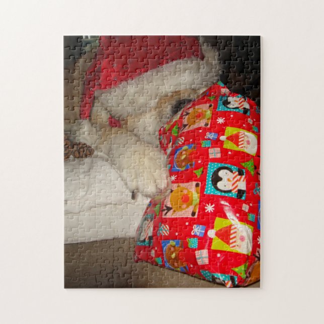 Cute akita in red santa hat for christmas jigsaw puzzle (Vertical)