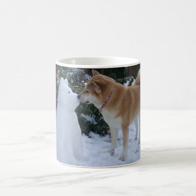 cute akita kissing snowman akita photo christmas coffee mug (Center)