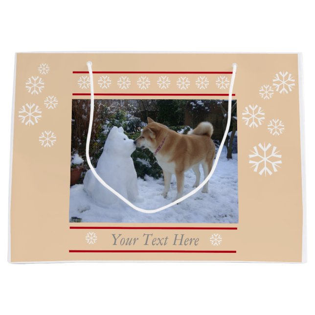 cute akita kissing snowman akita photo christmas large gift bag (Front)