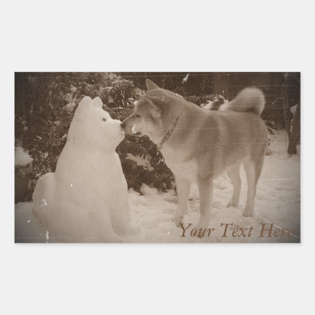 cute akita kissing snowman akita photo christmas rectangular sticker (Front)
