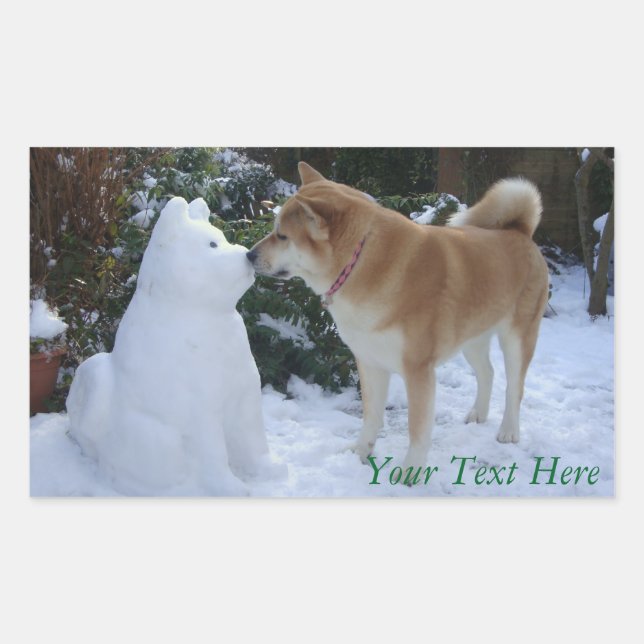 cute akita kissing snowman akita photo christmas rectangular sticker (Front)