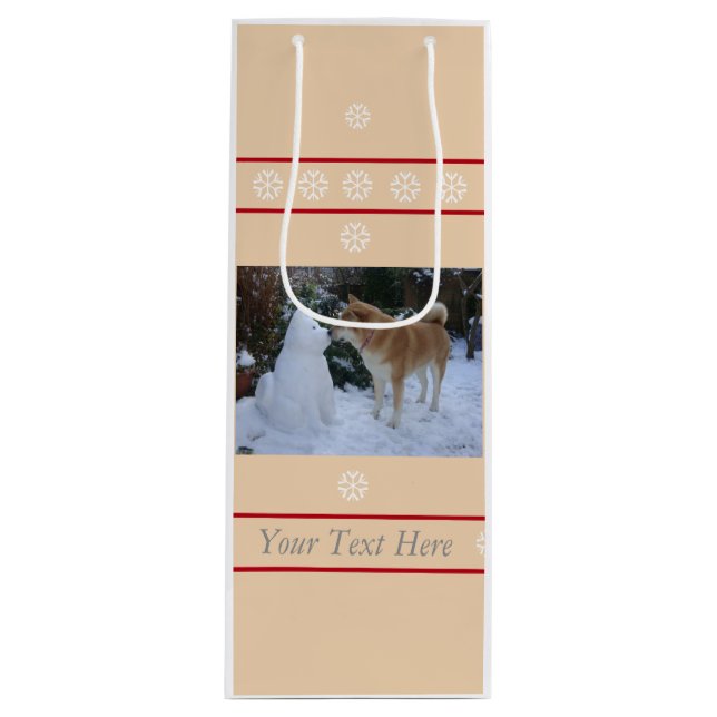 cute akita kissing snowman akita photo christmas wine gift bag (Front)