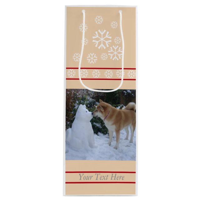 cute akita kissing snowman akita photo christmas wine gift bag (Front)