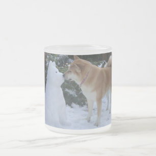 cute akita kissing snowman akita photo frosted glass coffee mug