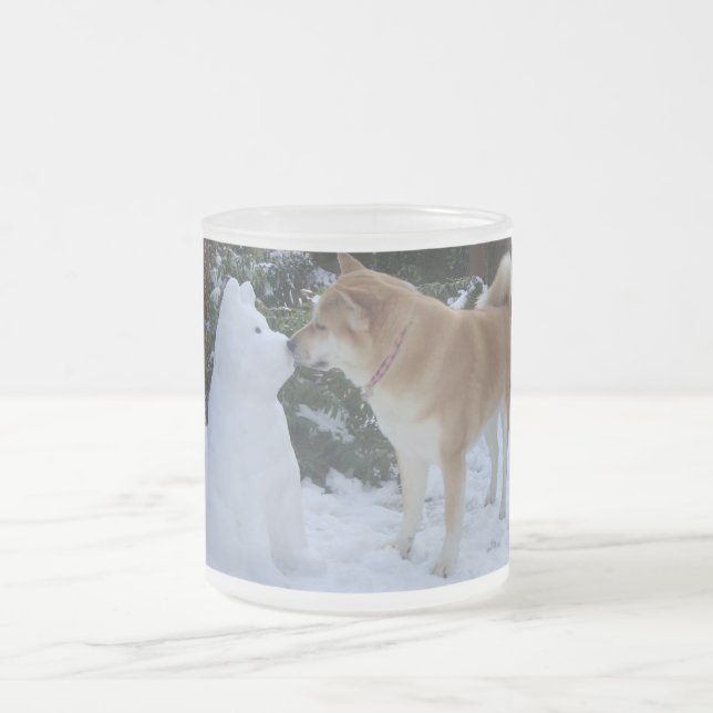 cute akita kissing snowman akita photo frosted glass coffee mug (Center)