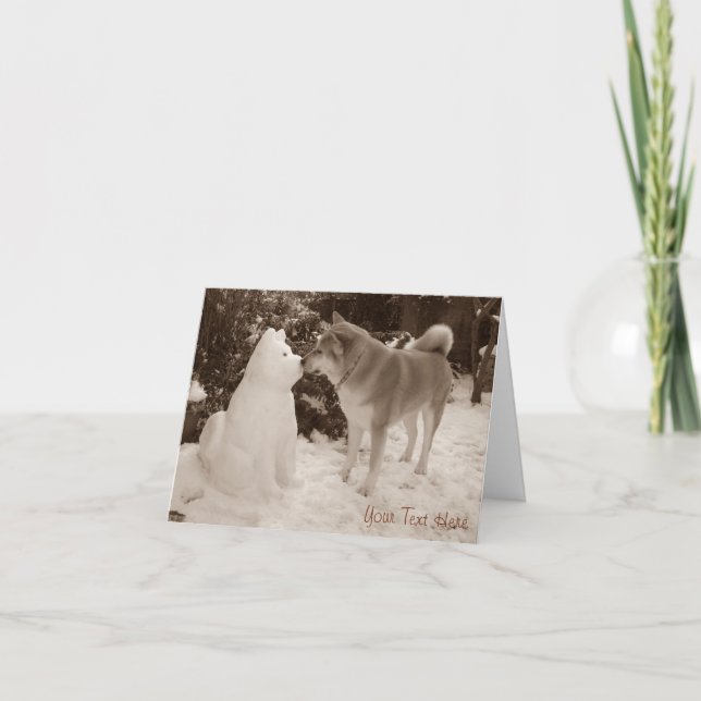cute akita kissing snowman akita photograph card (Front)