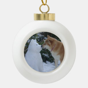 cute akita kissing snowman akita photograph ceramic ball christmas ornament